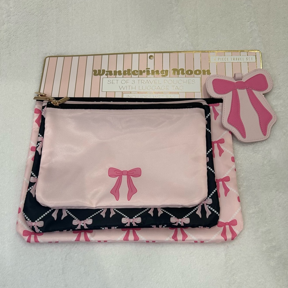 *New* Wandering Moon Pink Bow Set of 3 Travel Pouches w/ Luggage Tag